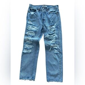 Levis Wedgie Straight Button Fly Jeans Women Size 27x25 LIGHT BLUE Distress